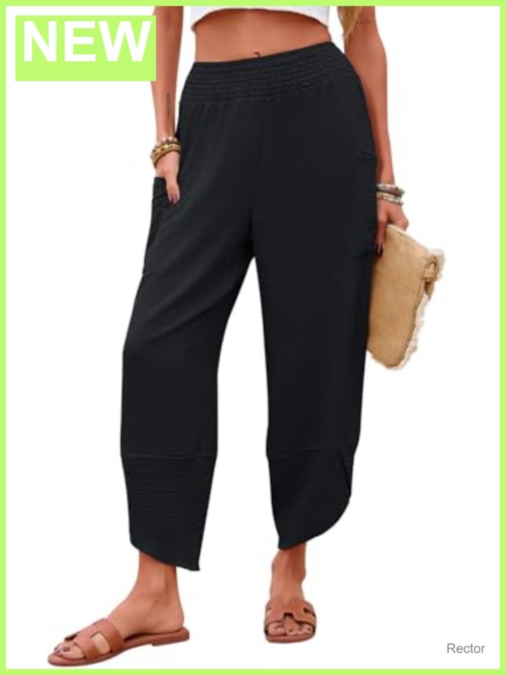 Women's Wide Leg Capri Pants Smocked Waist Casual Vacation with Pockets